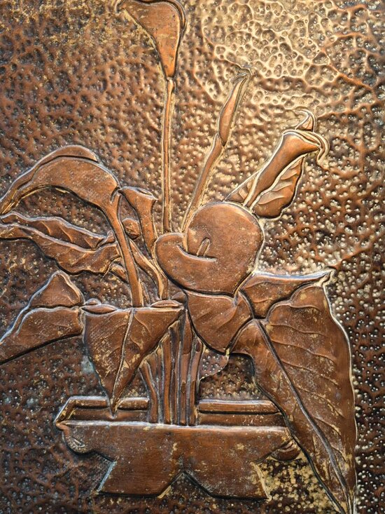 Helen Schmidt Other - Antique HAND HAMMERED COPPER CALLA LILIES RELIEF PLAQUE SIGNED BY SCHMIDT 1930